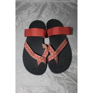 Chaco Lowdown Slide Sandals Womens Coral Orange Geometric Straps Size 9 10"